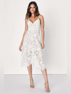 Lulus One Wish White Lace Midi Dress Medium Bridal Bachelorette Graduation